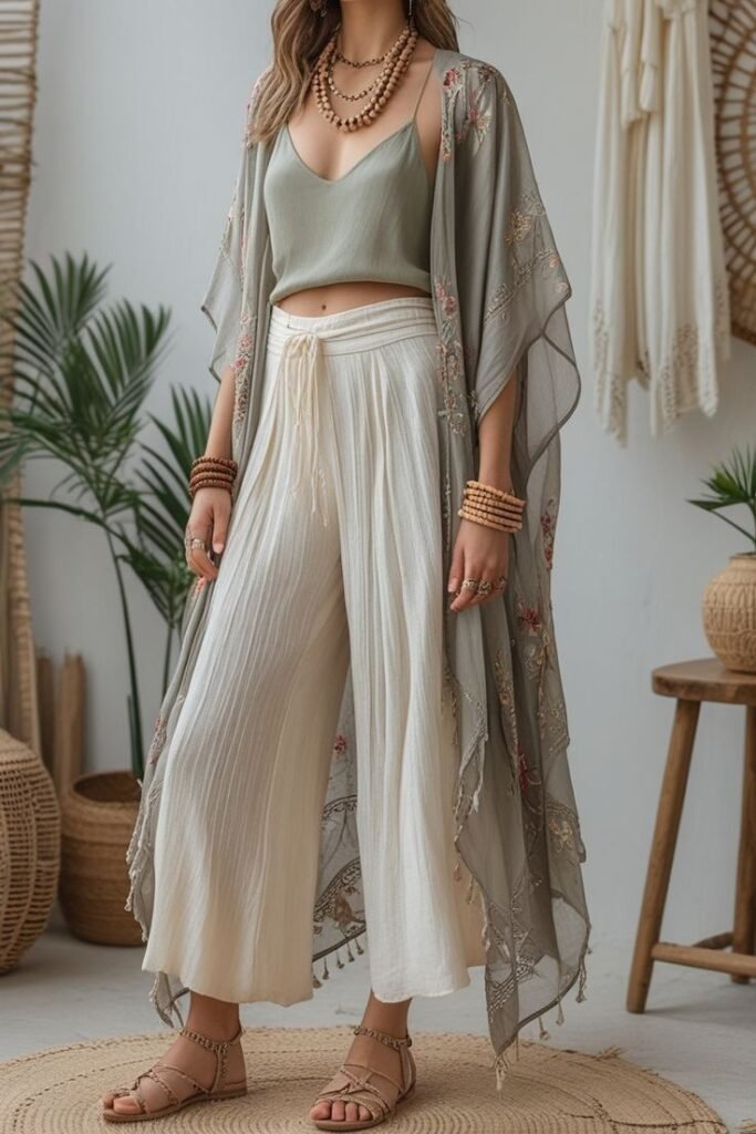 Sage Green Camisole + White Wide Leg Trousers + Embroidered Sheer Kimono + Strappy Sandals