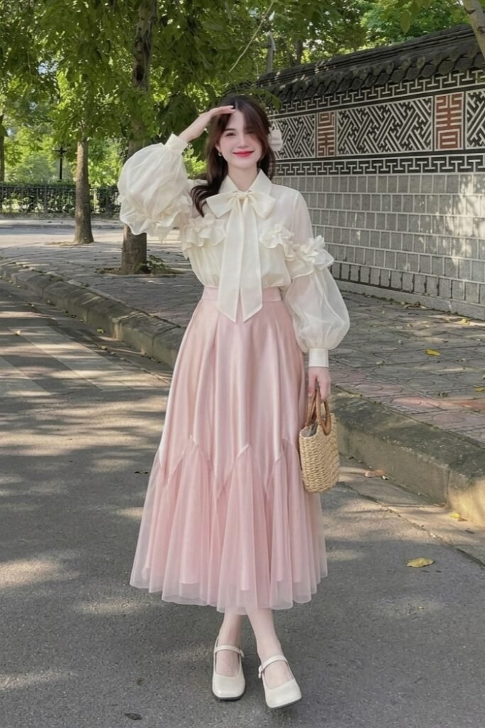 Sheer Ruffled Blouse + Pale Pink Tiered Skirt + Beige Mary Jane Shoes