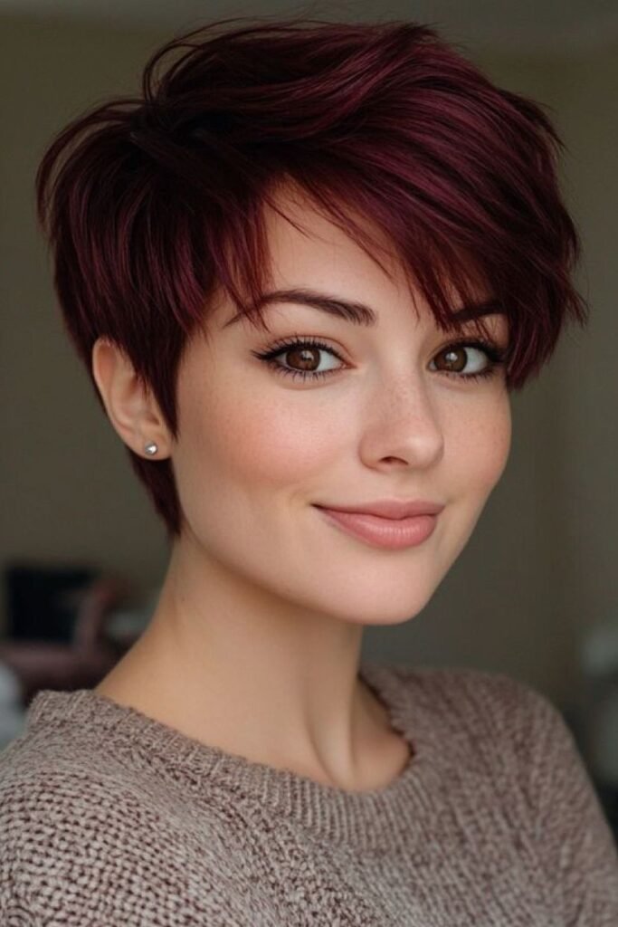 Short Burgundy Pixie with Soft Layers