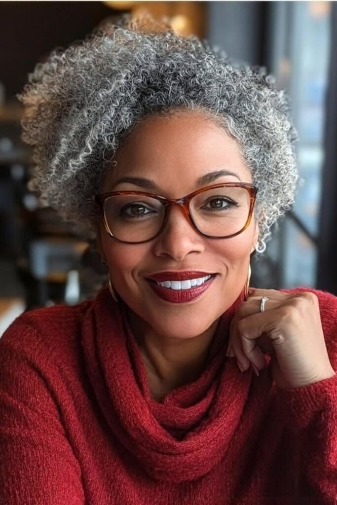 Short Curly Afro with Silver Highlights