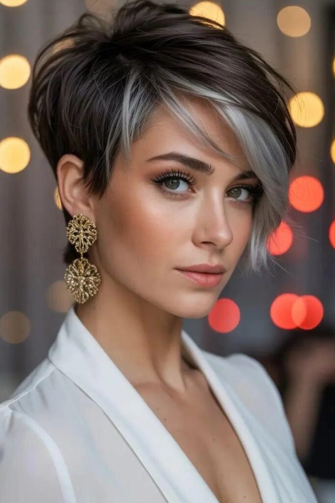 32. Short Pixie Cut with Silver Highlights and Dark Base