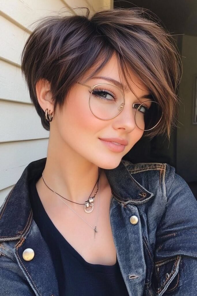 Short Textured Brunette Pixie with Glasses