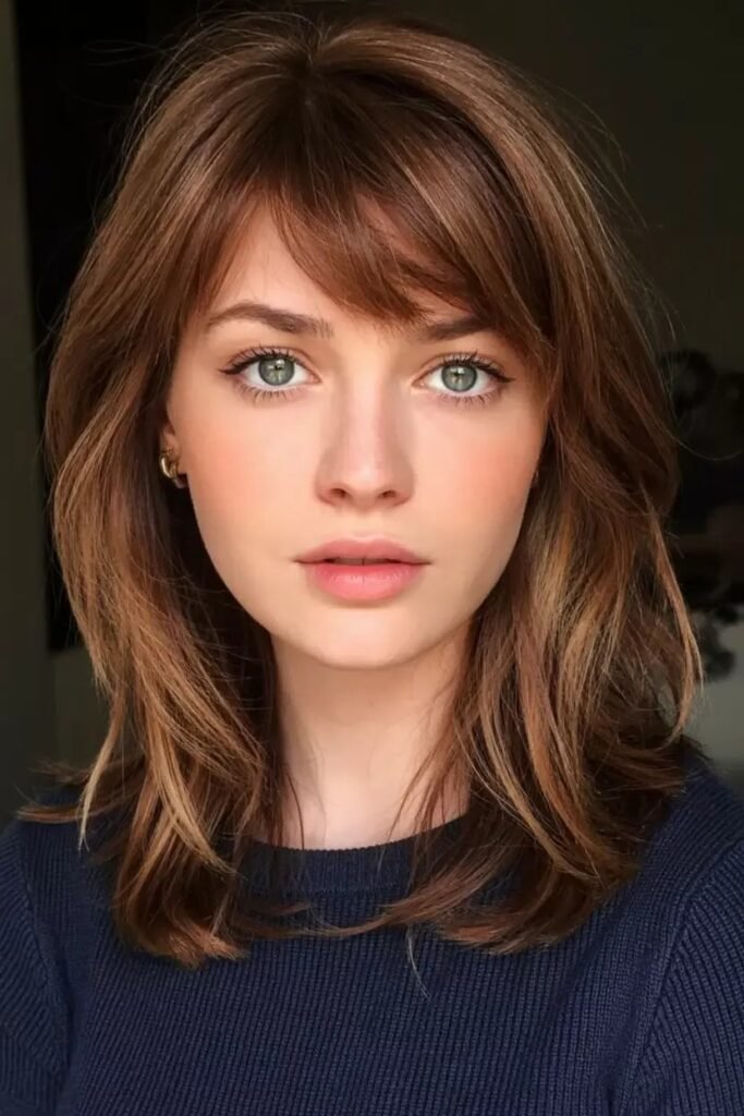 30. Shoulder-Length Layered Cut with Side-Swept Bangs
