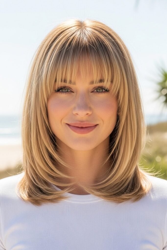 41. Shoulder-Length Layered Cut with Wispy Bangs