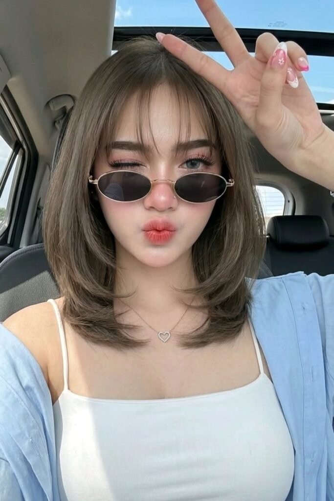 21. Shoulder-Length Layered Hair with Wispy Bangs