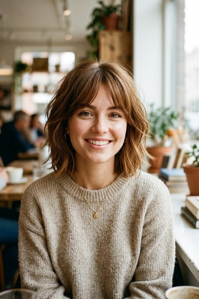 Shoulder-Length Shag with Soft Curtain Bangs