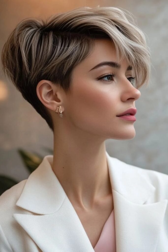 Sleek Blonde Pixie Cut with Long Side-Swept Bangs