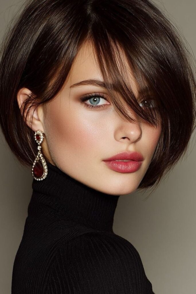 Sleek Dark Brown Bob with Side-Swept Bangs