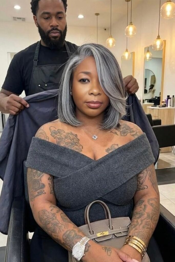 Sleek Shoulder-Length Silver Bob with Bangs