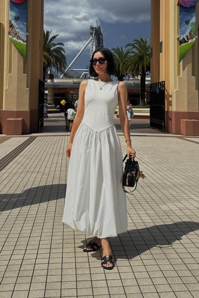 Sleeveless White Midi Dress + Black Sandals