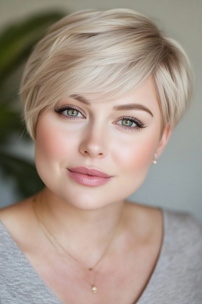 Smooth Platinum Blonde Pixie with Side-Swept Fringe