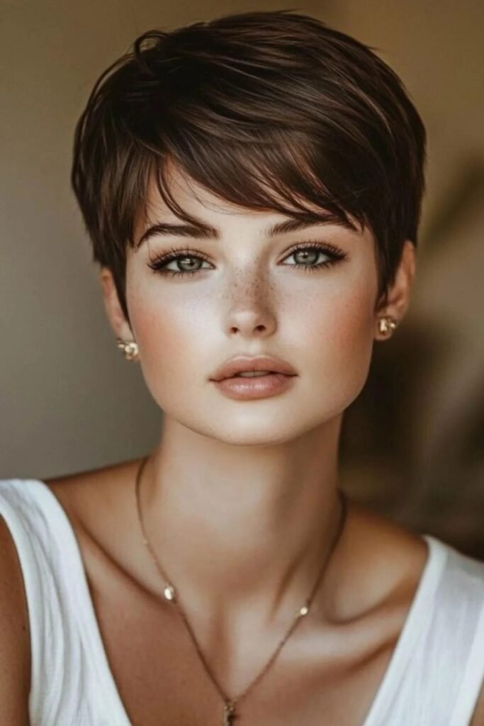 50. Soft Layered Pixie with Feathered Bangs