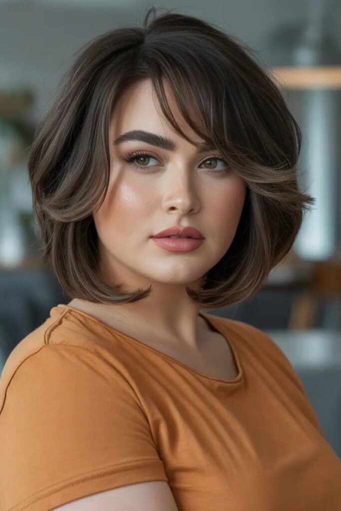 Sophisticated Brunette Bob with Sweeping Curtain Bangs
