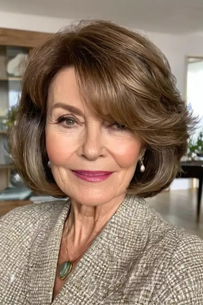 Sophisticated Brunette Bob with Voluminous Side-Swept Bangs
