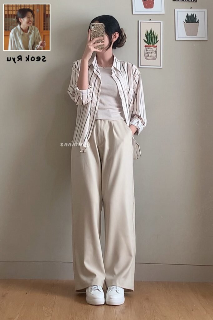Striped Button Down Shirt + Beige Wide Leg Trousers + White Sneakers