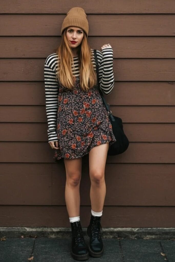 Striped Long Sleeve Shirt + Floral Mini Dress + Black Combat Boots