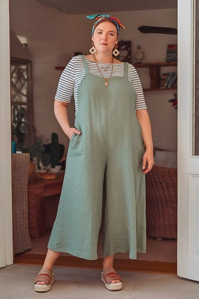 Striped Short Sleeve Top + Sage Green Jumpsuit + Striped Espadrille Sandals