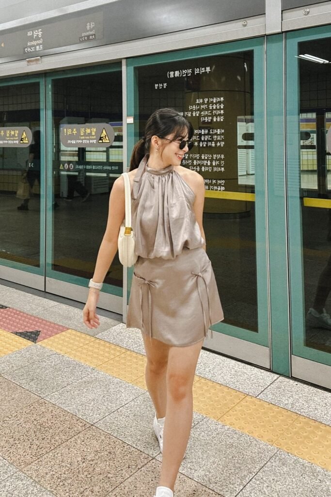 Taupe Satin Halter Top + Taupe Satin Mini Skirt + White Sneakers