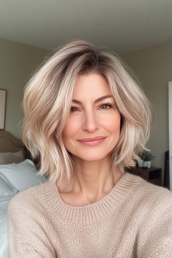 Textured Blonde Bob with Root Smudge
