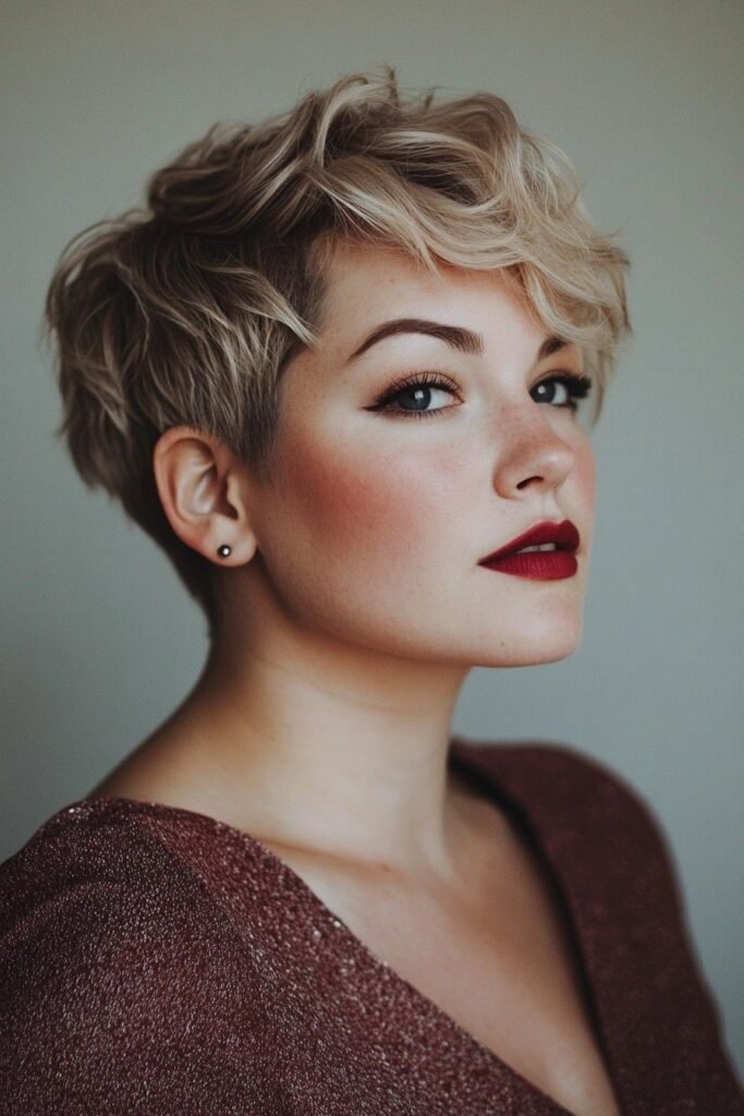 Textured Blonde Pixie Cut with Side-Swept Bangs
