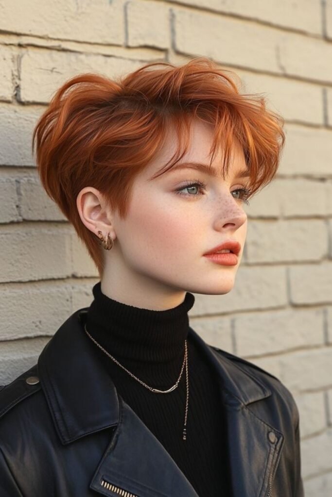 Textured Copper Pixie Cut with Wispy Bangs