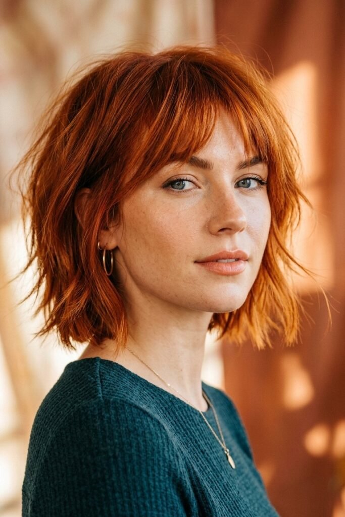Textured Copper Shag with Wispy Curtain Bangs