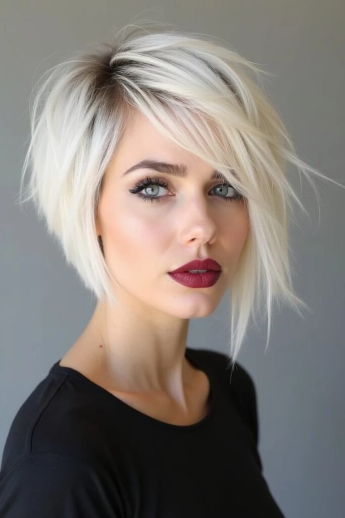 31. Textured Platinum Blonde Asymmetrical Bob
