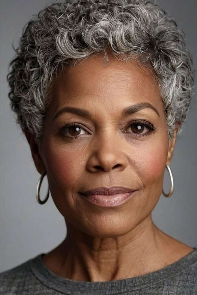 Textured Short Curly Cut with Silver Highlights