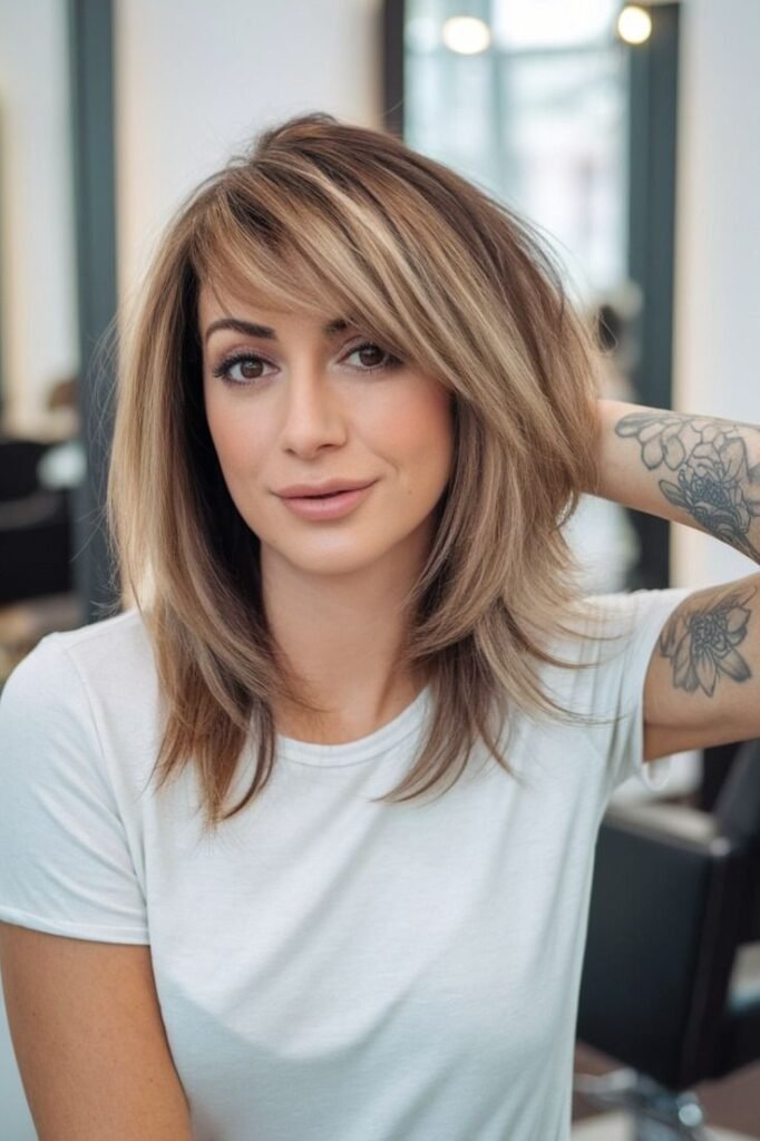 Textured Shoulder-Length Cut with Side-Swept Bangs