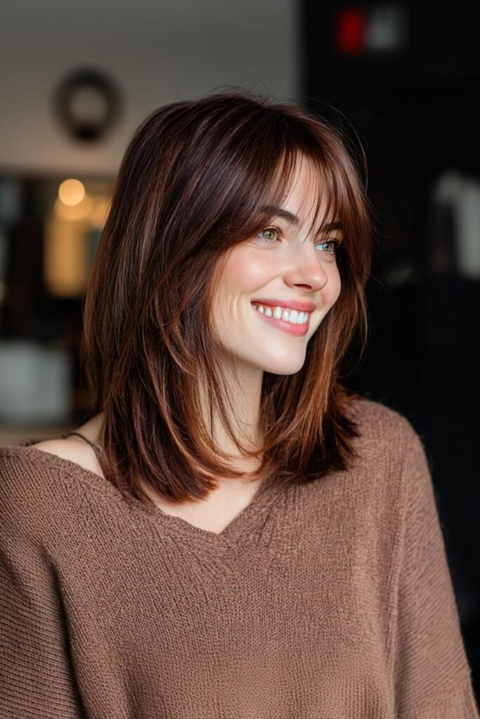 25. Textured Shoulder-Length Cut with Soft Layers and Bangs