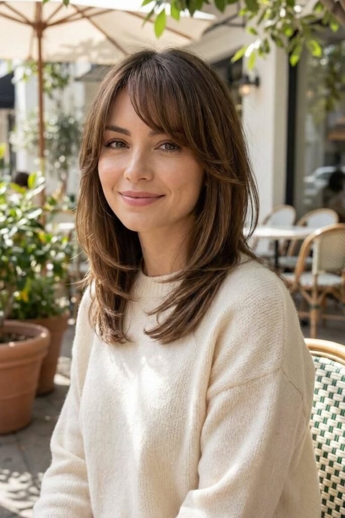 34. Textured Shoulder-Length Hair with Curtain Bangs