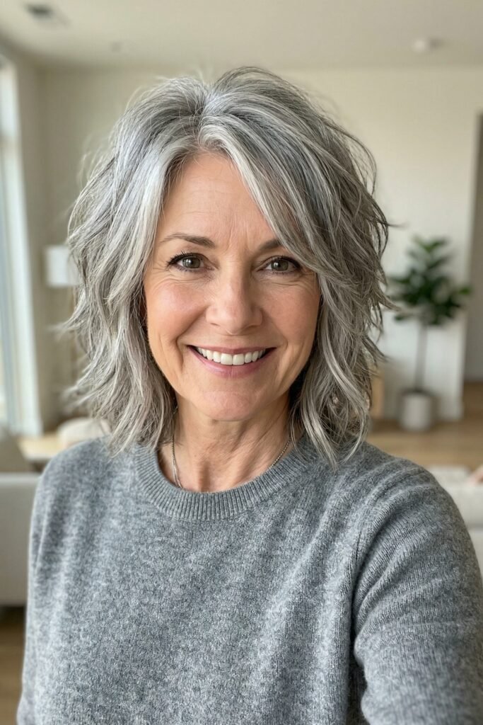 Textured Silver Bob with Wispy Bangs