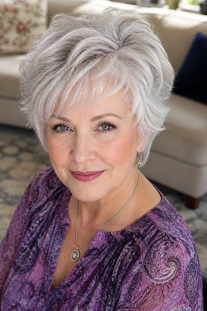 Textured Silver Pixie Cut with Side-Swept Bangs