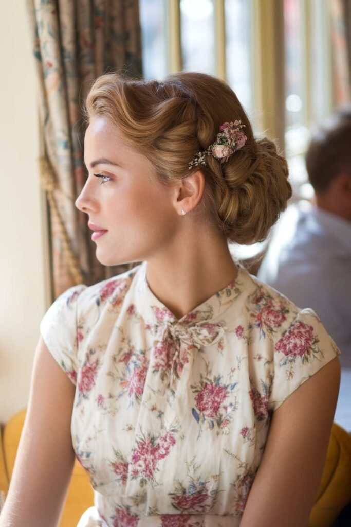 Vintage-Inspired Low Bun with Decorative Floral Hair Accessory