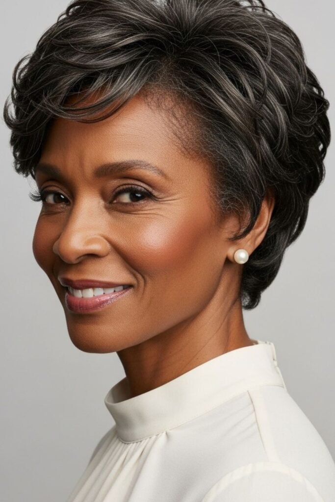 Voluminous Grey Pixie with Soft Layers