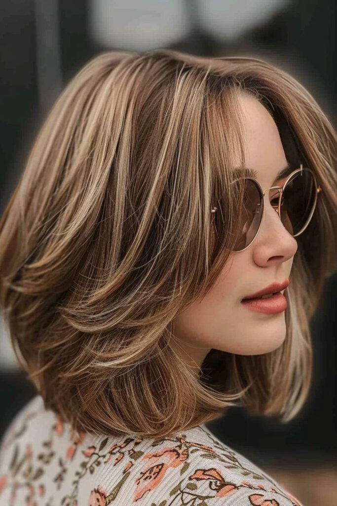 Voluminous Textured Lob with Caramel Highlights