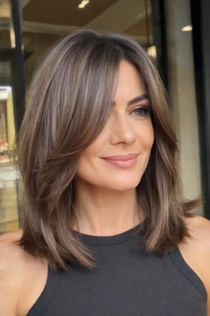 Voluminous Textured Lob with Soft Caramel Highlights