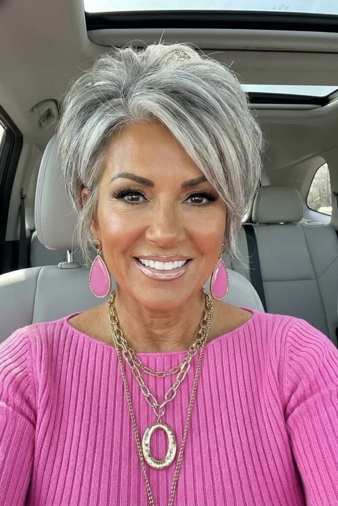 Voluminous Textured Silver Pixie with Side-Swept Bangs