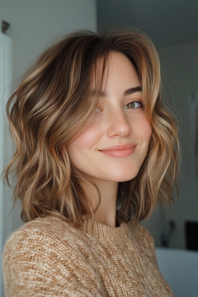 Wavy Caramel-Toned Lob with Face-Framing Pieces