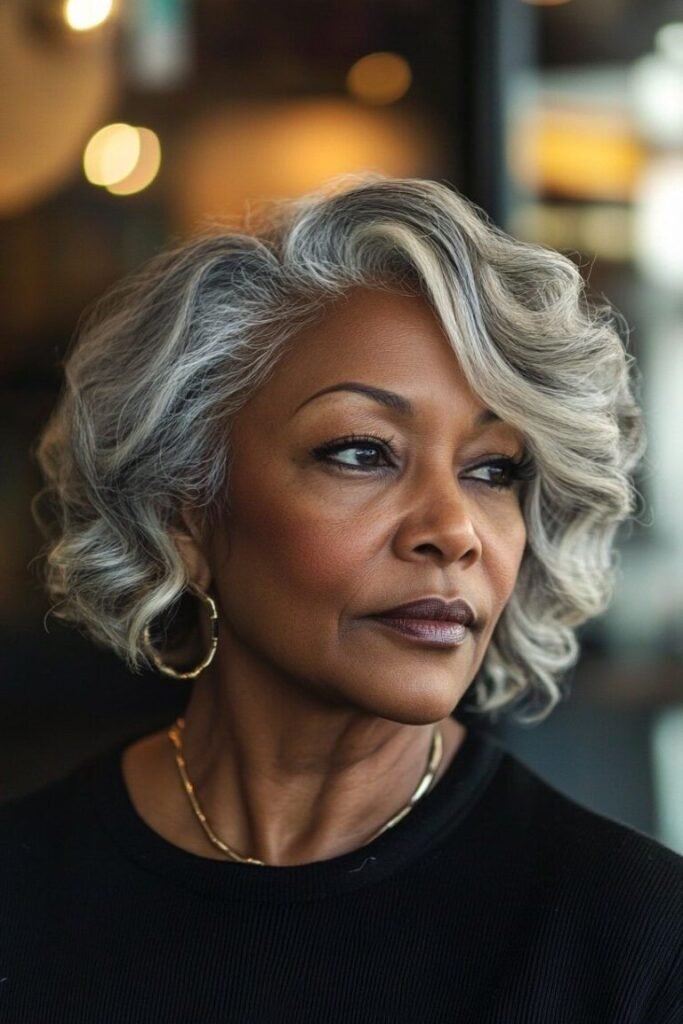 Wavy Shoulder-Length Grey Hair