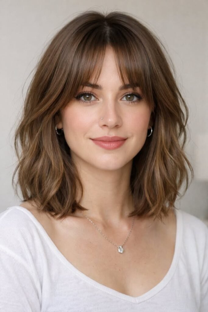 40. Wavy Shoulder-Length Hair with Curtain Bangs