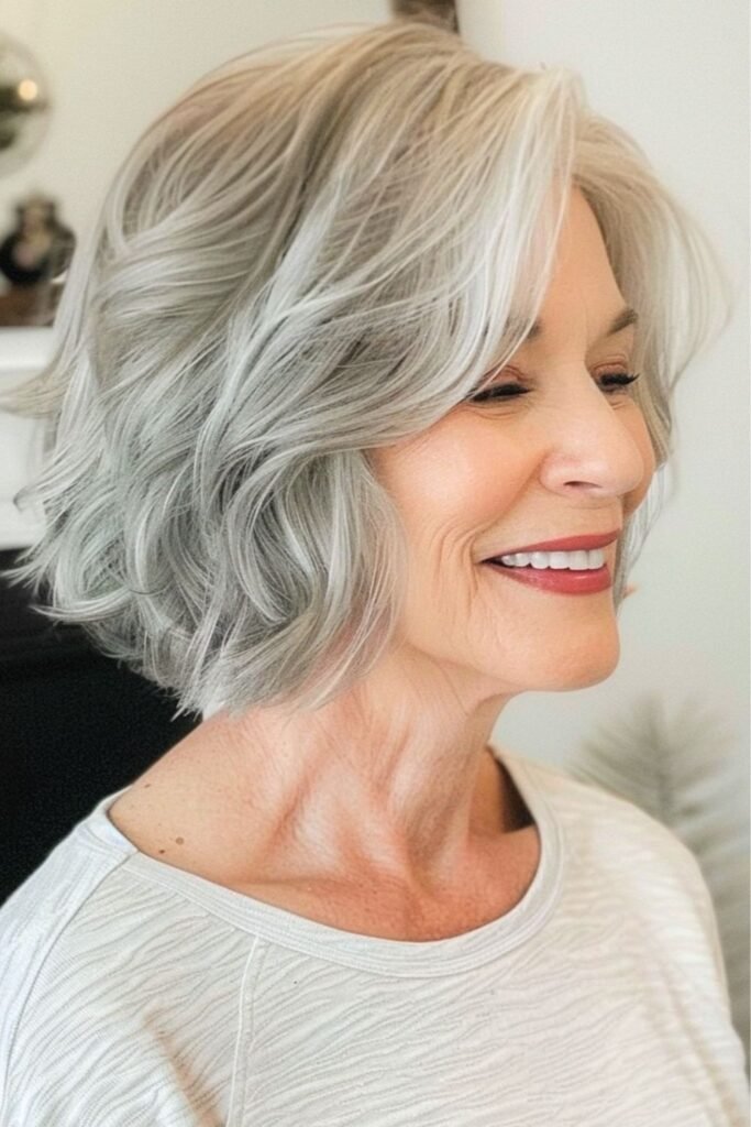Wavy Silver Bob with Soft Curtain Bangs