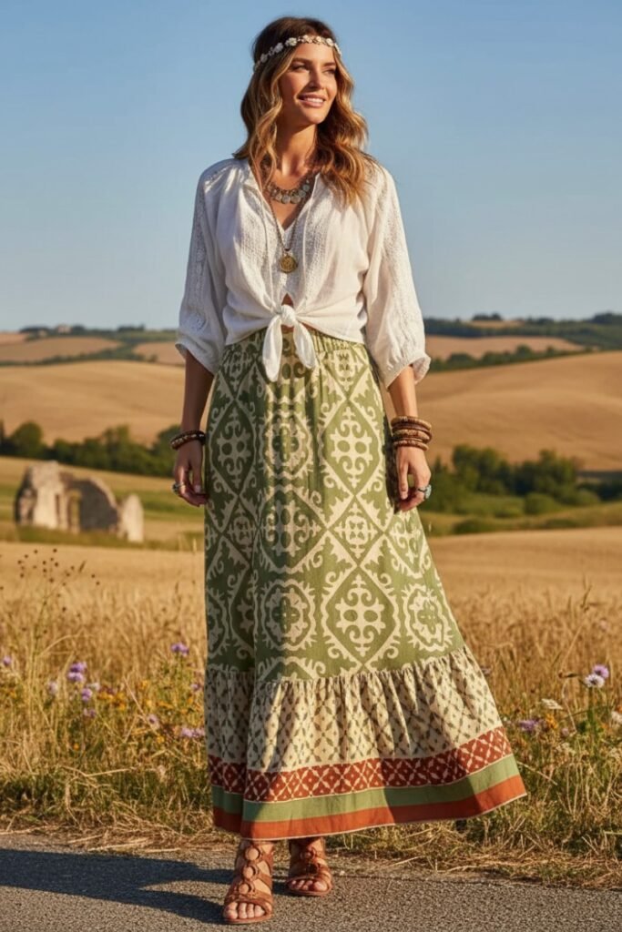 White Blouse + Green Patterned Maxi Skirt + Strappy Sandals