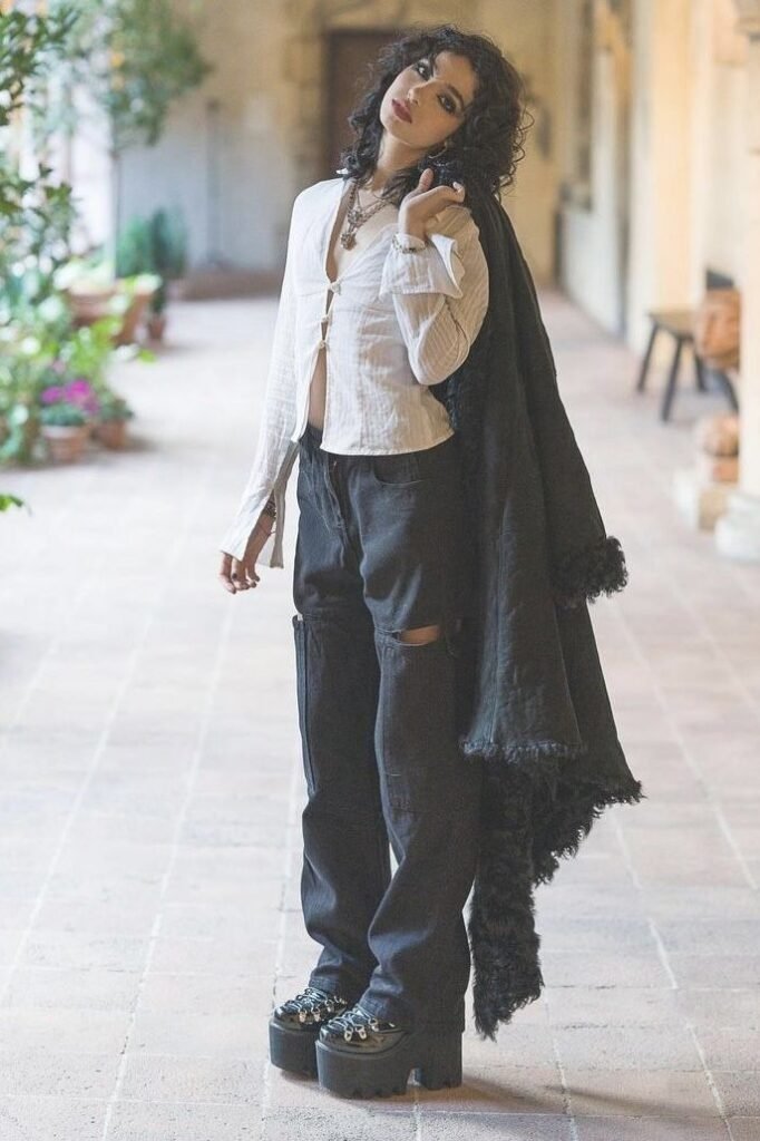 White Button Down Shirt + Black Distressed Wide Leg Jeans + Black Faux Fur Trimmed Coat + Black Platform Shoes