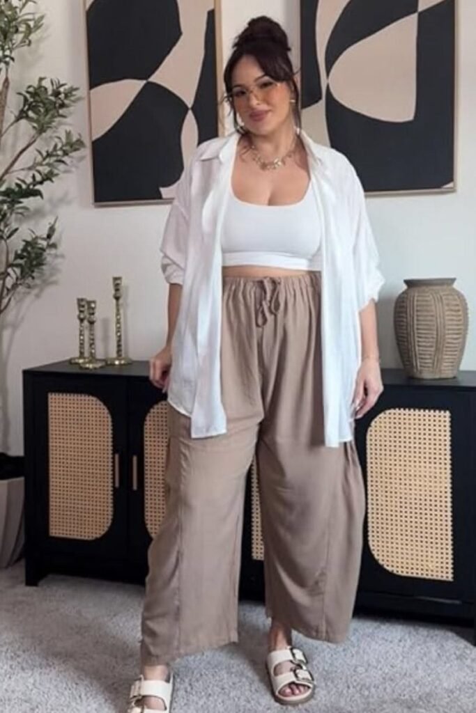 White Button Down Shirt + White Crop Top + Tan Wide Leg Trousers + White Slide Sandals