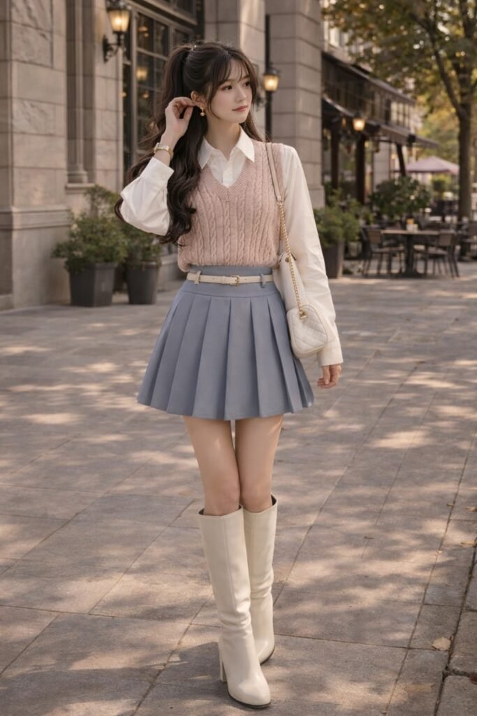 White Button Up Shirt + Beige Knit Vest + Grey Pleated Skirt + White Knee High Boots