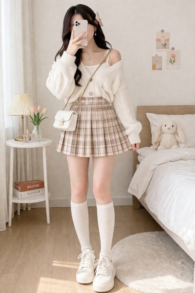 White Cardigan + White Camisole + Plaid Pleated Mini Skirt + White Sneakers