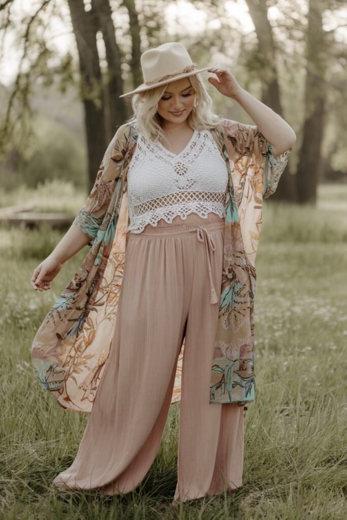 White Crochet Crop Top + Pink Wide Leg Pants + Floral Print Kimono + Fedora
