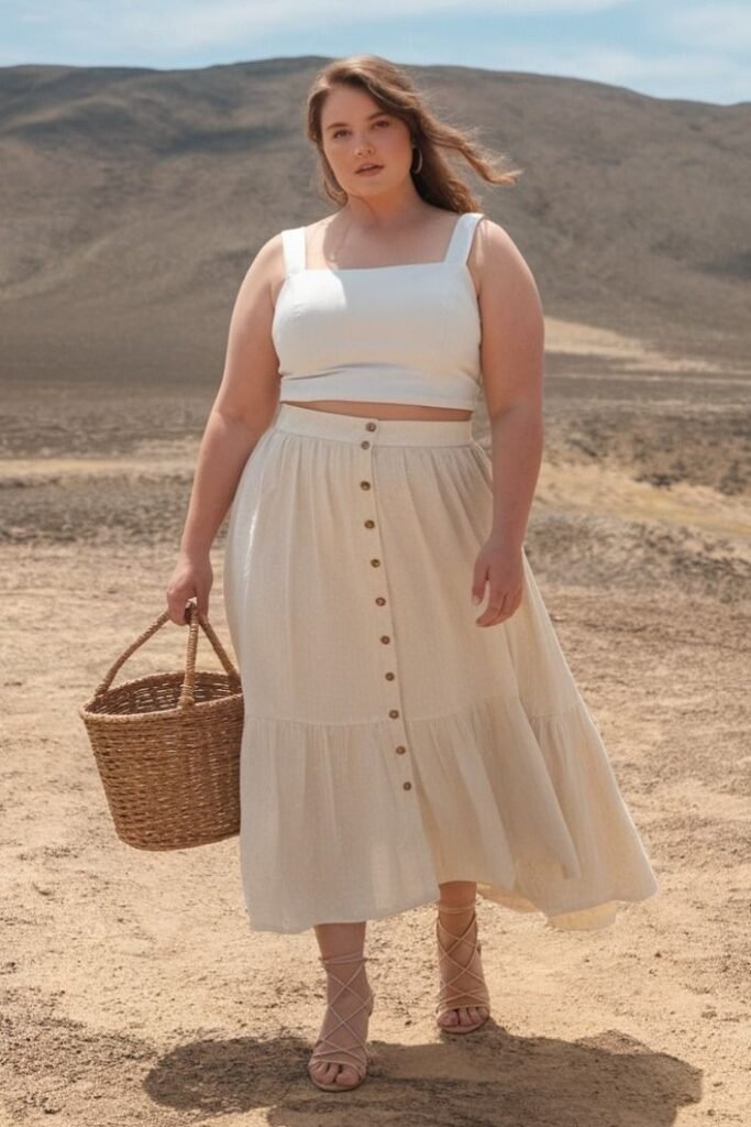 White Crop Top + Cream Button Front Midi Skirt + Lace Up Sandals