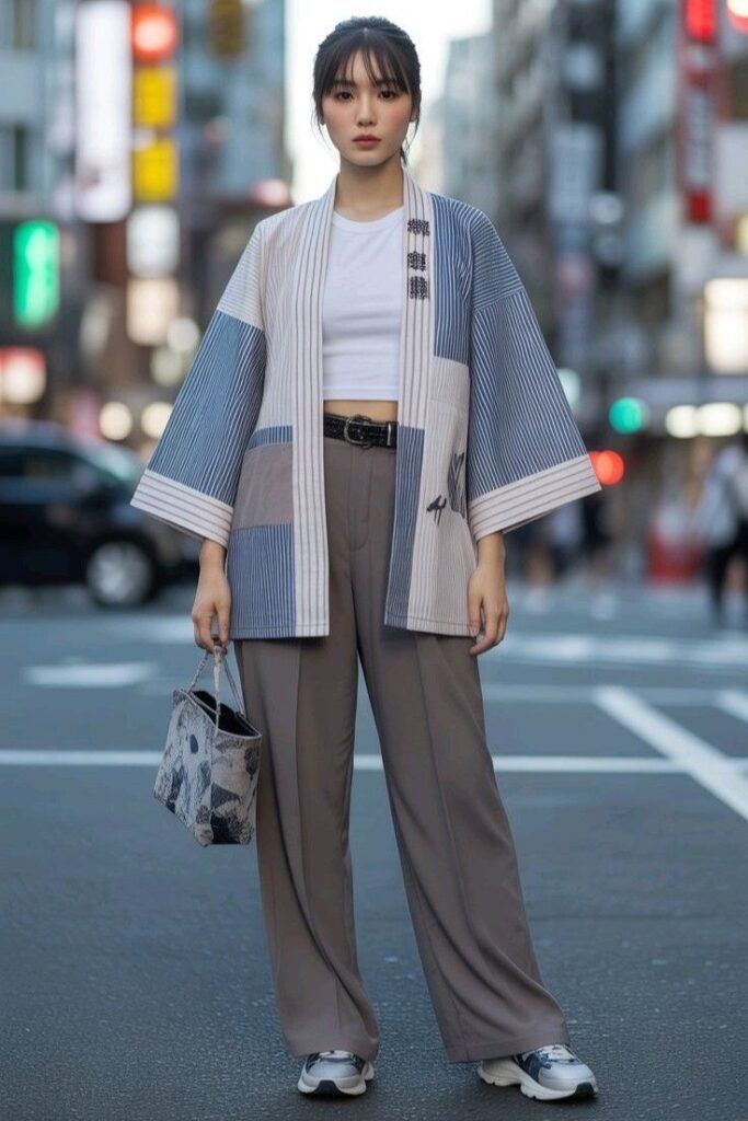 White Crop Top + Striped Kimono + Grey Trousers + Athletic Sneakers